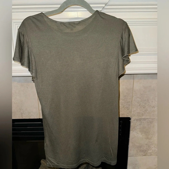 Ted Baker London Blouse Flutter Sleeves with beads- olive green- Size 4-6 Small - Picture 8 of 13